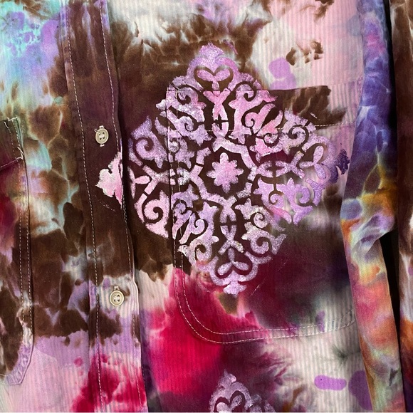 Handmade Tie Dye Button Down Shirt Top Womens Size Small Colorful Painted Crop - Picture 10 of 11